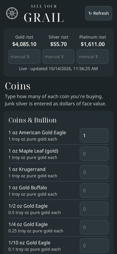 Coins screen: gold and silver coins entered by count with built-in metal content