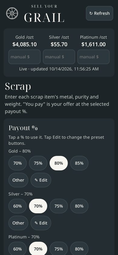 Gold Calculator scrap screen pricing a bag of karat gold by weight