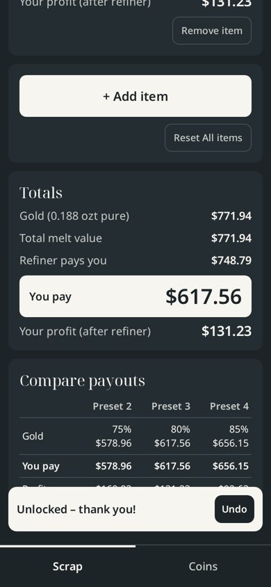 Totals screen: whole-bag total with preset payouts side by side